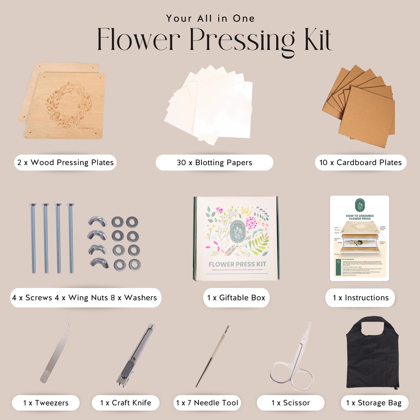 Extra Large Flower Press Kit | 11"x11" 10 Layers Wooden Pressing Boards, Tools & Bag | Crafting Kits for Adults & Kids | DIY Pressed Flower Plant Preservation Kit | Bouquet Preservation | Great Gift